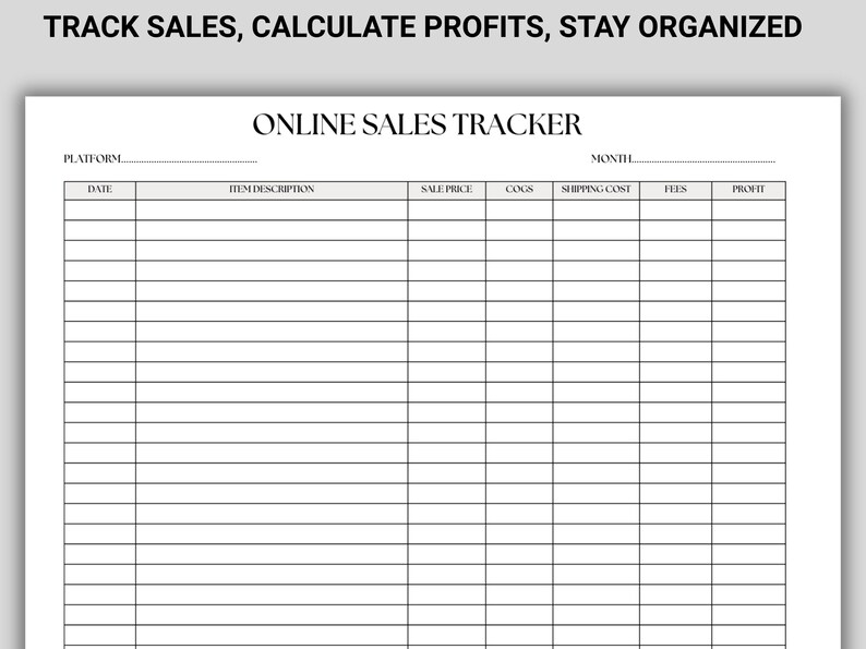 Puede incluir: Una hoja imprimible en blanco de Online Sales Tracker con el texto "TRACK SALES, CALCULATE PROFITS, STAY ORGANIZED" en la parte superior. La hoja incluye campos para la fecha, la descripci&oacute;n del art&iacute;culo, el precio de venta, los COGS, el costo de env&iacute;o, las tarifas y las ganancias.