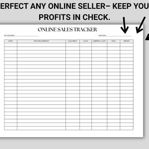 Puede incluir: Una hoja blanca de "Online Sales Tracker" con columnas para la fecha, la descripci&oacute;n del art&iacute;culo, el precio de venta, los costos, el env&iacute;o, las tarifas y las ganancias. Un bol&iacute;grafo negro descansa en el lado derecho de la hoja. El texto "PERFECT ANY ONLINE SELLER - KEEP YOUR PROFITS IN CHECK" est&aacute; en la parte superior.
