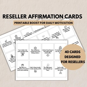 Printable reseller affirmation cards displayed on neutral background. Includes sample quote cards with icons and text overlay reading ‘Reseller Affirmation Cards’ and ‘Printable Boost for Daily Motivation.’ Circle label says ‘40 Cards Designed for Resellers.’ Minimal black-and-white card designs.