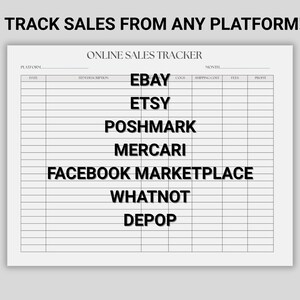 Puede incluir: Un rastreador de ventas imprimible blanco con el texto "TRACK SALES FROM ANY PLATFORM!" en la parte superior. El rastreador incluye columnas para la fecha, la descripci&oacute;n del art&iacute;culo, los costos y las ganancias, con plataformas como eBay, Etsy y Poshmark.