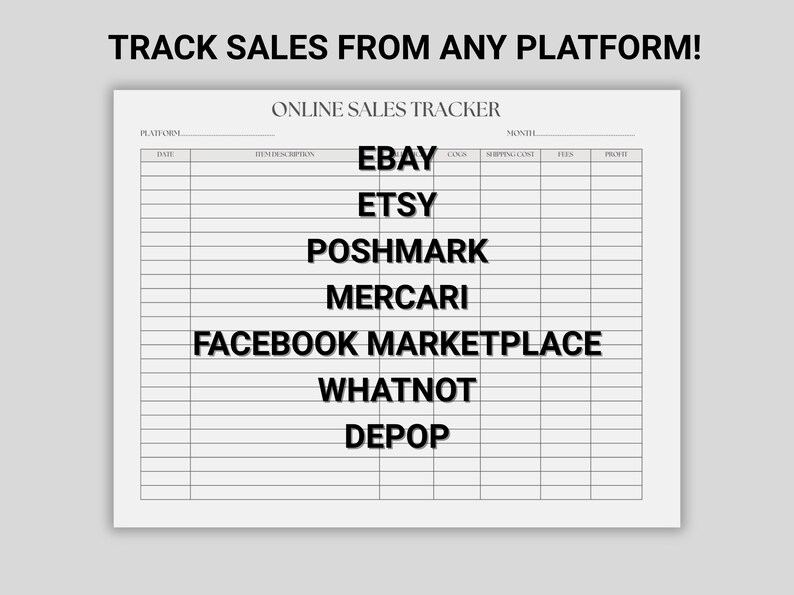 Puede incluir: Un rastreador de ventas imprimible blanco con el texto "TRACK SALES FROM ANY PLATFORM!" en la parte superior. El rastreador incluye columnas para la fecha, la descripci&oacute;n del art&iacute;culo, los costos y las ganancias, con plataformas como eBay, Etsy y Poshmark.
