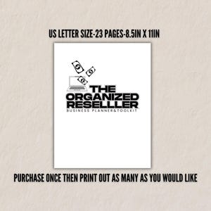 Printable reseller planner shown with text highlighting US Letter Size, 8.5 x 11 inches. Includes 23 pages to print as many times as needed.