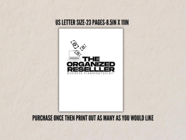 Printable reseller planner shown with text highlighting US Letter Size, 8.5 x 11 inches. Includes 23 pages to print as many times as needed.