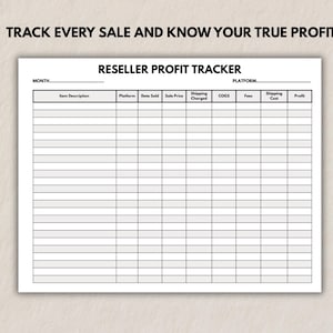 Close-up mockup of the Reseller Profit Tracker sheet with text above saying “Track every sale and know your true profit,” showing clean column layout for resellers.