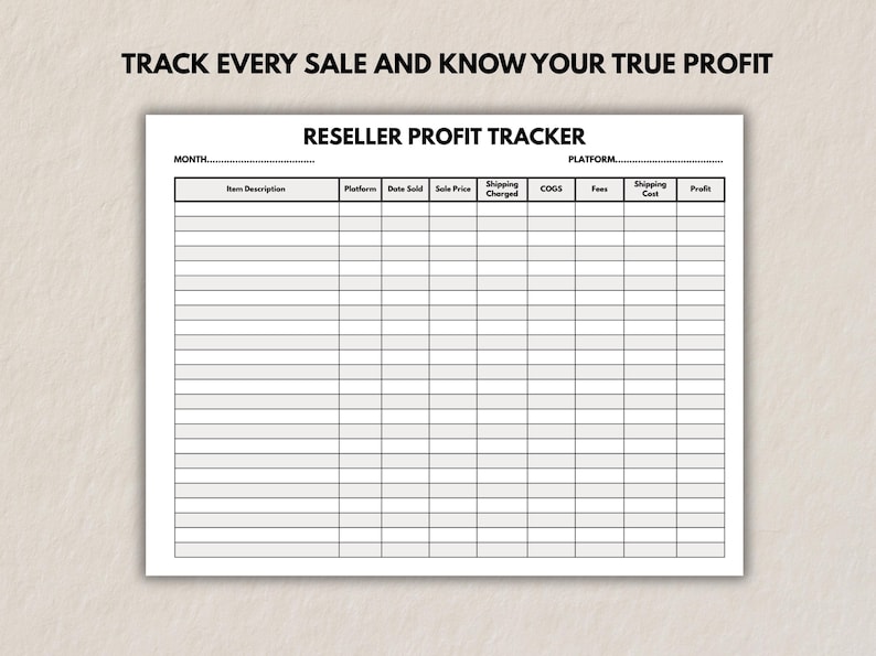 Close-up mockup of the Reseller Profit Tracker sheet with text above saying “Track every sale and know your true profit,” showing clean column layout for resellers.