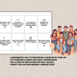 Affirmation card sheet displayed beside illustrated group of people. Text highlights gift ideas: meaningful encouragement for resellers, daily affirmations to lift someone’s spirits, motivation for busy sellers, and support for anyone needing a mindset reset. Simple, soft-toned design.