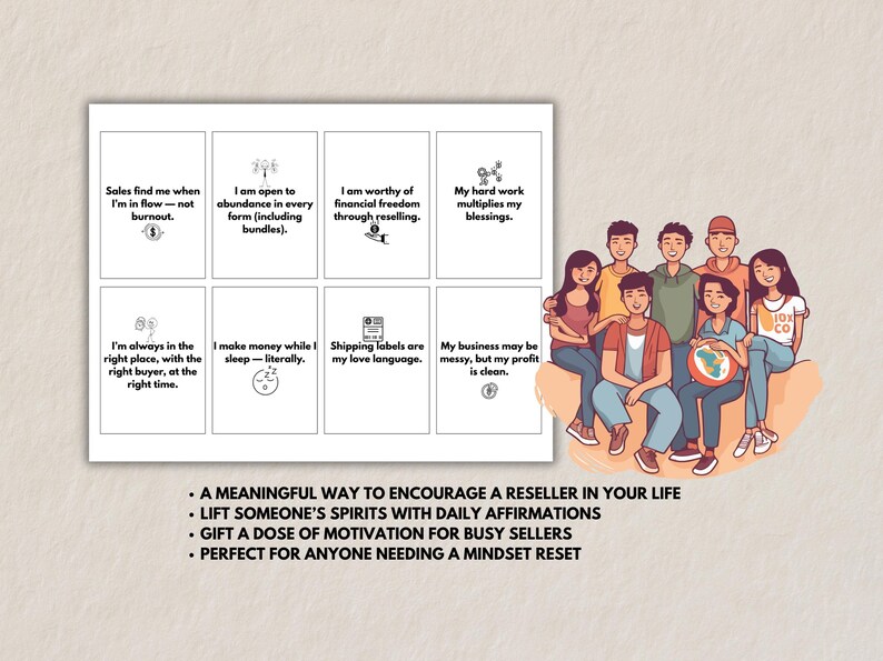 Affirmation card sheet displayed beside illustrated group of people. Text highlights gift ideas: meaningful encouragement for resellers, daily affirmations to lift someone’s spirits, motivation for busy sellers, and support for anyone needing a mindset reset. Simple, soft-toned design.