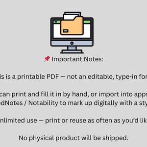 Important notes page explaining that the Reseller Profit Tracker is a printable PDF, not editable, can be used in GoodNotes or printed, includes unlimited use, and no physical product is shipped.