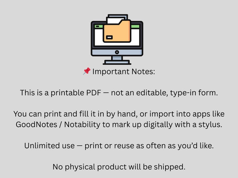 Important notes page explaining that the Reseller Profit Tracker is a printable PDF, not editable, can be used in GoodNotes or printed, includes unlimited use, and no physical product is shipped.