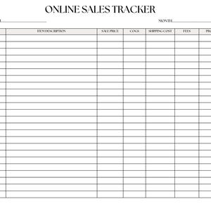 Puede incluir: Un rastreador de ventas imprimible blanco con el t&iacute;tulo "ONLINE SALES TRACKER" en la parte superior. El formulario incluye campos para plataforma, mes, fecha, descripci&oacute;n del art&iacute;culo, precio de venta, COGS, gastos de env&iacute;o, tarifas y ganancias.