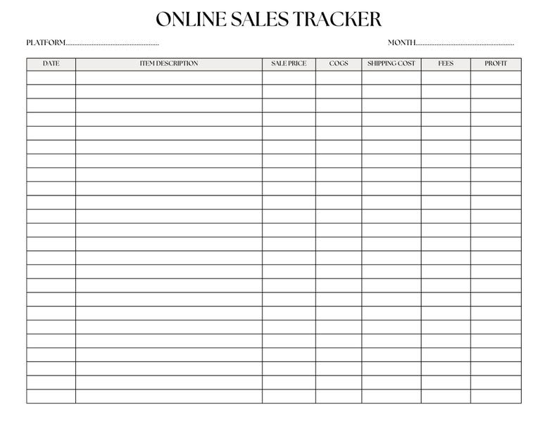 Puede incluir: Un rastreador de ventas imprimible blanco con el t&iacute;tulo "ONLINE SALES TRACKER" en la parte superior. El formulario incluye campos para plataforma, mes, fecha, descripci&oacute;n del art&iacute;culo, precio de venta, COGS, gastos de env&iacute;o, tarifas y ganancias.