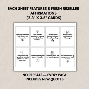 Mockup showing one sheet of eight reseller affirmation cards with icons. Header text reads: ‘Each sheet features 8 fresh reseller affirmations (2.3 x 3.5 cards).’ Bottom text states: ‘No repeats — every page includes new quotes.’ Minimal black-and-white layout.
