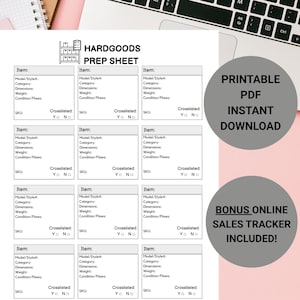 Puede incluir: Una hoja de preparación blanca titulada "HARDGOODS PREP SHEET" con campos para detalles del artículo, dimensiones y estado. Incluye texto "DESCARGA INSTANTÁNEA PDF IMPRIMIBLE" y "¡SE INCLUYE UN SEGUIMIENTO DE VENTAS EN LÍNEA DE BONIFICACIÓN!" sobre un fondo rosa.