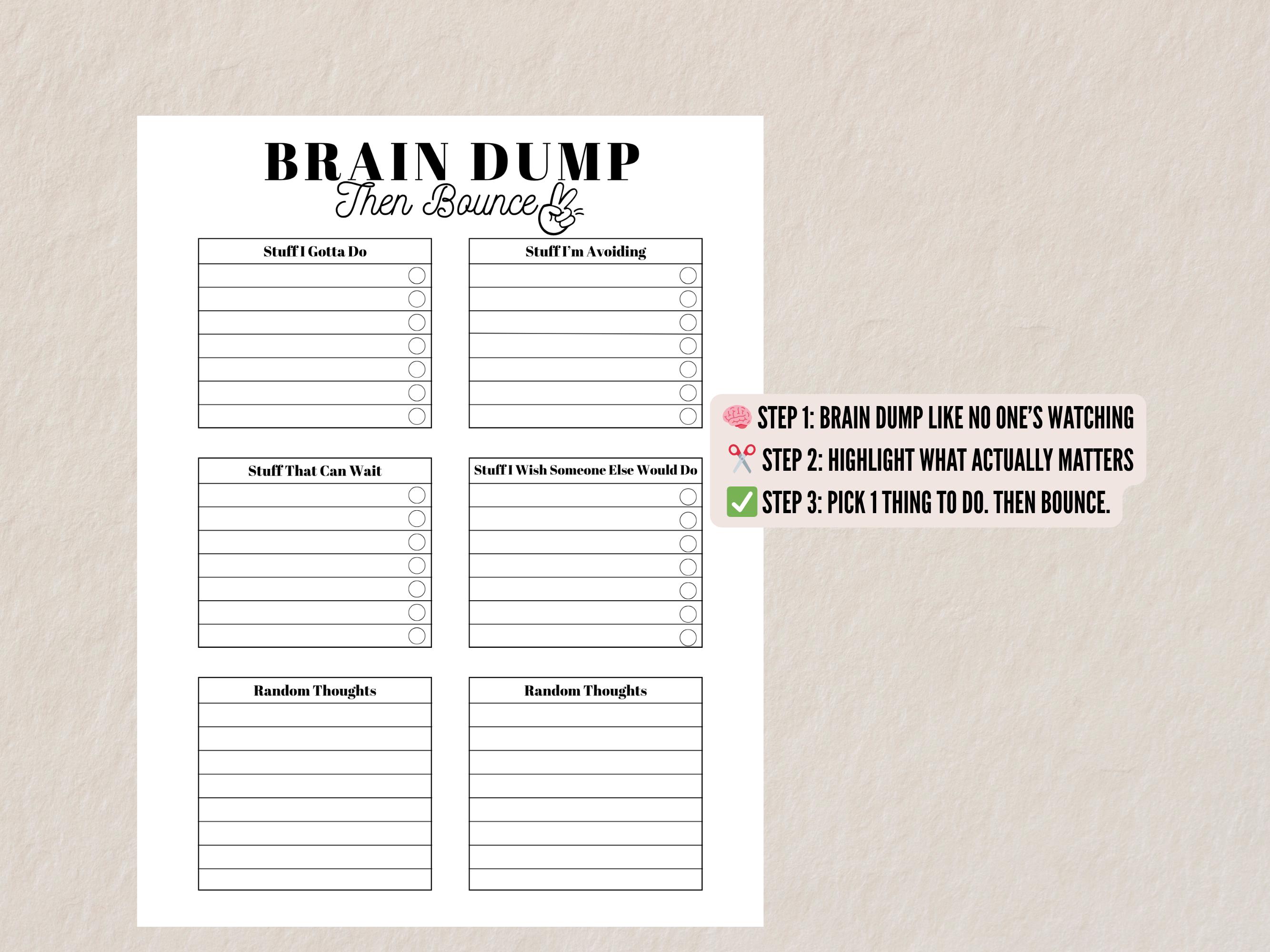 Brain Dump Printable Sheet Mental Declutter PDF for Overthinkers Busy ...