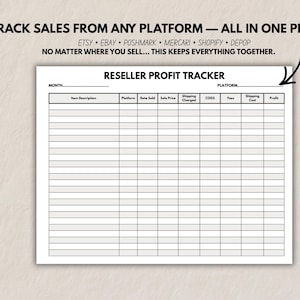 Mockup showing the Reseller Profit Tracker with text stating it works for multiple platforms including eBay, Poshmark, Mercari, Etsy, Shopify, and Depop.