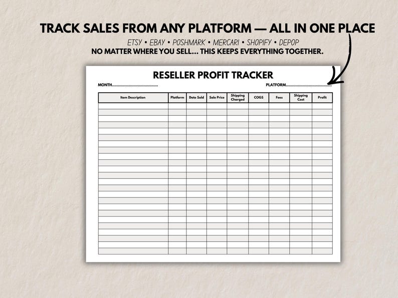Mockup showing the Reseller Profit Tracker with text stating it works for multiple platforms including eBay, Poshmark, Mercari, Etsy, Shopify, and Depop.