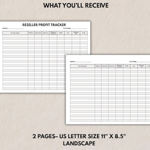 Mockup displaying two pages of the Reseller Profit Tracker printable in landscape format, labeled “What You’ll Receive,” highlighting US Letter size layout.
