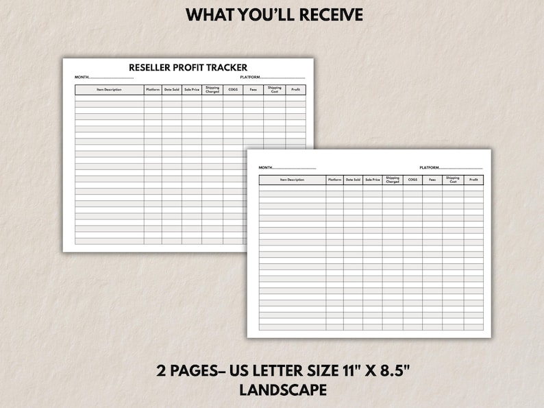 Mockup displaying two pages of the Reseller Profit Tracker printable in landscape format, labeled “What You’ll Receive,” highlighting US Letter size layout.