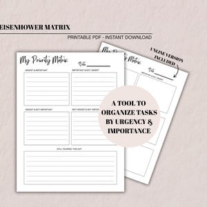 Könnte beinhalten: Ein druckbares PDF der Eisenhower-Matrix zur Aufgabenorganisation. Die weißen Seiten zeigen ein Rasterlayout mit Abschnitten für dringende und wichtige Aufgaben und mehr. Der Text enthält "My Priority Matrix" und "A tool to organize tasks by urgency & importance."