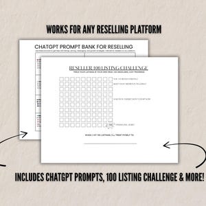 Preview of bonus sheets included in the planner: ChatGPT Prompt Bank for resellers and 100 Listing Challenge tracker.