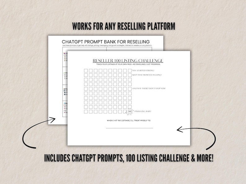 Preview of bonus sheets included in the planner: ChatGPT Prompt Bank for resellers and 100 Listing Challenge tracker.