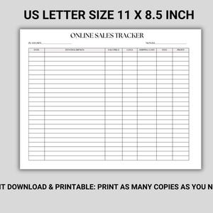 Puede incluir: Una hoja de seguimiento de ventas imprimible en blanco, tama&ntilde;o US Letter (27,9 x 21,6 cm), con columnas para plataforma, fecha, descripci&oacute;n del art&iacute;culo, precio de venta, costos, costo de env&iacute;o, tarifas y ganancias. El texto "ONLINE SALES TRACKER" est&aacute; en la parte superior.