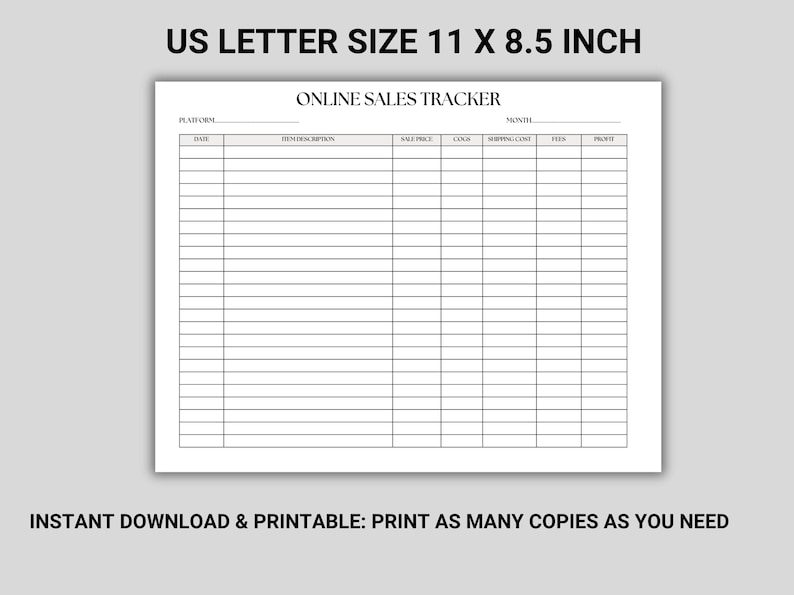 Puede incluir: Una hoja de seguimiento de ventas imprimible en blanco, tama&ntilde;o US Letter (27,9 x 21,6 cm), con columnas para plataforma, fecha, descripci&oacute;n del art&iacute;culo, precio de venta, costos, costo de env&iacute;o, tarifas y ganancias. El texto "ONLINE SALES TRACKER" est&aacute; en la parte superior.