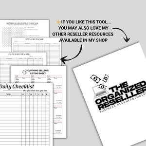 Promotional mockup showing additional reseller tools available in the shop, including listing sheets, inventory tracker, daily checklist, and planner pages, with text encouraging shoppers to explore more resources.