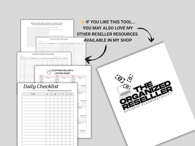 Promotional mockup showing additional reseller tools available in the shop, including listing sheets, inventory tracker, daily checklist, and planner pages, with text encouraging shoppers to explore more resources.