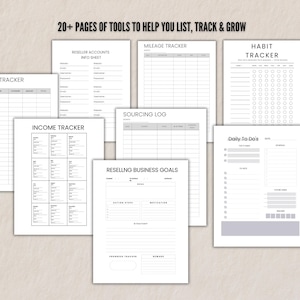 Preview of 8 included planner pages such as income tracker, expense tracker, sourcing log, habit tracker, and daily to-do list.