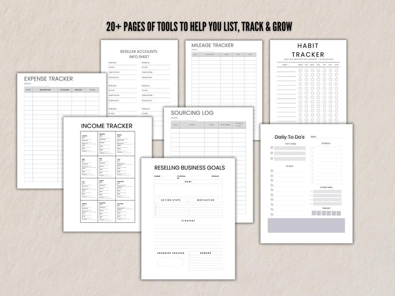 Preview of 8 included planner pages such as income tracker, expense tracker, sourcing log, habit tracker, and daily to-do list.