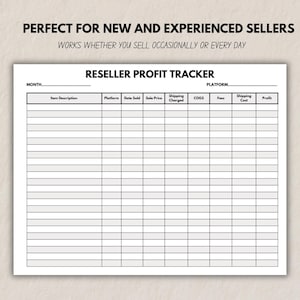 Mockup of the Reseller Profit Tracker with text saying “Perfect for new and experienced sellers,” highlighting that it works whether users sell occasionally or daily.