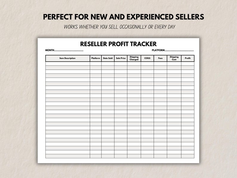 Mockup of the Reseller Profit Tracker with text saying “Perfect for new and experienced sellers,” highlighting that it works whether users sell occasionally or daily.