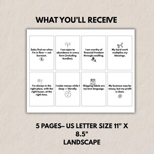 Preview page showing one sheet of printable reseller affirmation cards. Text reads: ‘What You’ll Receive – 5 pages, US letter size 11 x 8.5 landscape.’ Cards feature simple icons and motivational reseller quotes.