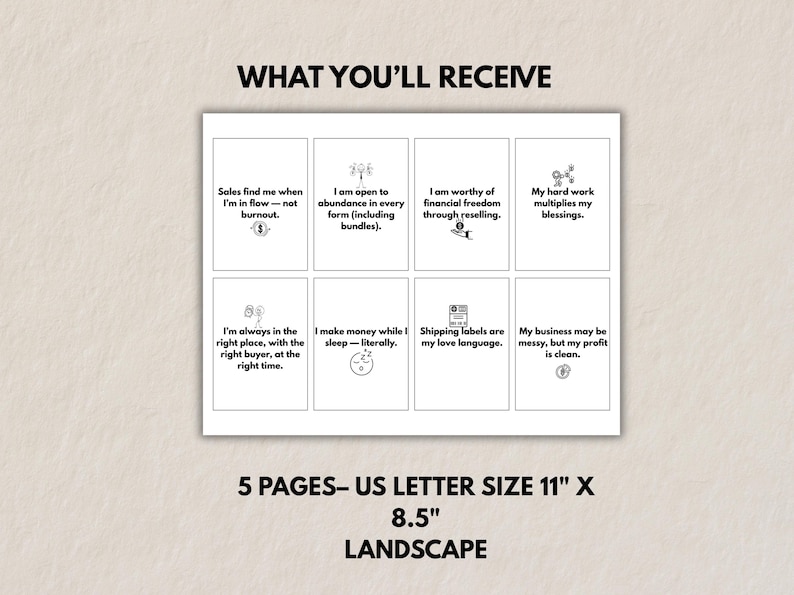 Preview page showing one sheet of printable reseller affirmation cards. Text reads: ‘What You’ll Receive – 5 pages, US letter size 11 x 8.5 landscape.’ Cards feature simple icons and motivational reseller quotes.