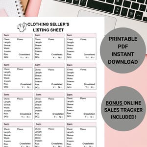 May include: A printable PDF clothing seller's listing sheet with sections for item details, measurements, and flaws. Includes a bonus online sales tracker. The sheet is on a pink surface with a laptop.