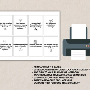 Printable affirmation card sheet next to a printer illustration. Text lists ways to use the cards: print and cut, use paper or cardstock, add to planner, tape above workspace, rotate daily, and laminate for durability. Minimal, modern mockup style.