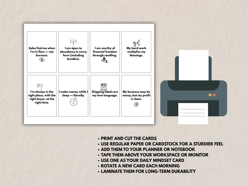 Printable affirmation card sheet next to a printer illustration. Text lists ways to use the cards: print and cut, use paper or cardstock, add to planner, tape above workspace, rotate daily, and laminate for durability. Minimal, modern mockup style.