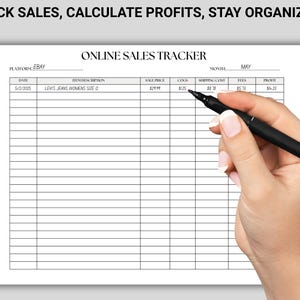 Puede incluir: Un rastreador de ventas impreso en blanco con el texto "TRACK SALES, CALCULATE PROFITS, STAY ORGANIZED". El rastreador incluye columnas para la fecha, la descripci&oacute;n del art&iacute;culo, el precio de venta, los costos, el costo de env&iacute;o, las tarifas y las ganancias.