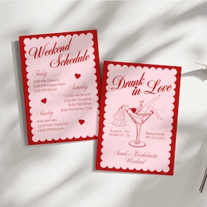 May include: Two red and pink cards with a bachelorette party schedule and a graphic of a woman in a martini glass. The text on the cards reads "Weekend Schedule", "Drunk in Love", "Sarah's Bachelorette Weekend", "Friday", "Saturday", "Sunday", "Austin, TX", "October 17-19", and "Please RSVP".