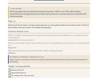 May include: A white informational flyer titled Yom Teruah: A Memorial of Shouting, dated September 23, 2026. It includes sections on gathering details, scriptural references from Leviticus, Numbers, and Psalms, a checklist, and an accuracy callout.