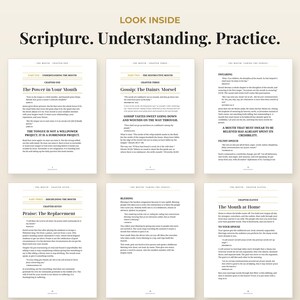 May include: Six pages of a book with black text on white paper. The header reads LOOK INSIDE followed by Scripture. Understanding. Practice. The pages contain chapter titles such as The Power in Your Mouth, Gossip: The Dainty Morsel, and The Mouth at Home.