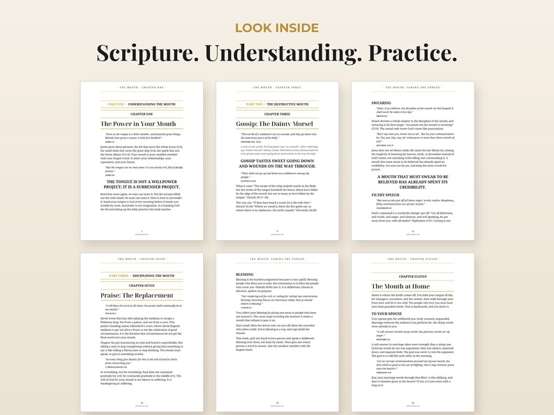 May include: Six pages of a book with black text on white paper. The header reads LOOK INSIDE followed by Scripture. Understanding. Practice. The pages contain chapter titles such as The Power in Your Mouth, Gossip: The Dainty Morsel, and The Mouth at Home.