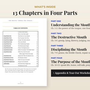 May include: A table of contents page for a guide titled The Mouth: Taming the Tongue, listing 13 chapters divided into four parts. The text outlines sections including Understanding the Mouth, The Destructive Mouth, Disciplining the Mouth, and The Purpose of the Mouth, along with an appendix and tear-out worksheets.