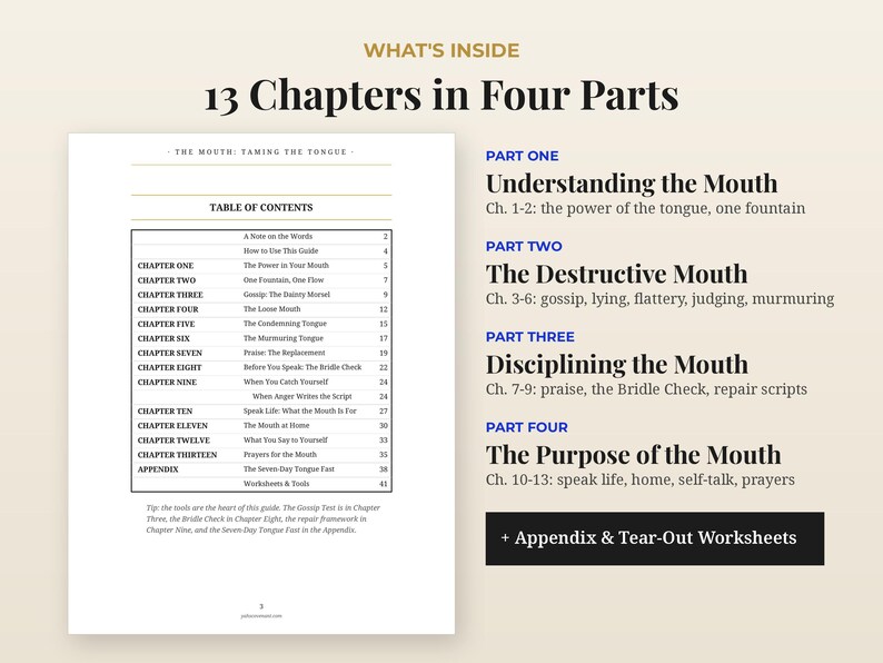 May include: A table of contents page for a guide titled The Mouth: Taming the Tongue, listing 13 chapters divided into four parts. The text outlines sections including Understanding the Mouth, The Destructive Mouth, Disciplining the Mouth, and The Purpose of the Mouth, along with an appendix and tear-out worksheets.