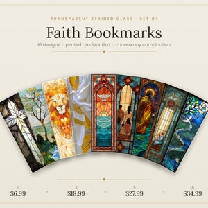 May include: A set of eight rectangular bookmarks featuring transparent stained glass designs. The text reads: Transparent Stained Glass - Set #1, Faith Bookmarks, 16 designs, printed on clear film, choose any combination. The designs include crosses, lions, doves, and religious figures.