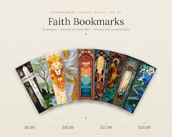 Puede incluir: Un conjunto de ocho marcapáginas rectangulares con diseños de vidrieras transparentes. El texto dice: Transparent Stained Glass - Set #1, Faith Bookmarks, 16 designs, printed on clear film, choose any combination. Los diseños incluyen cruces, leones, palomas y figuras religiosas.