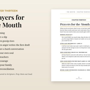 May include: A two-page spread from a book titled Prayers for the Mouth, Chapter Thirteen. The left page lists ten numbered prayer topics, while the right page provides specific scripture-based prayers for morning, after a slip, and gossip.