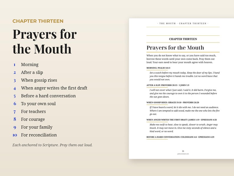 May include: A two-page spread from a book titled Prayers for the Mouth, Chapter Thirteen. The left page lists ten numbered prayer topics, while the right page provides specific scripture-based prayers for morning, after a slip, and gossip.