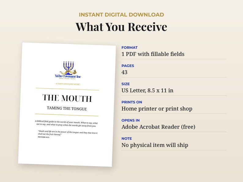 May include: A digital download guide titled The Mouth: Taming the Tongue, featuring a blue menorah logo and text. The document is a 43-page PDF in 21.59 x 27.94 cm format with fillable fields, compatible with Adobe Acrobat Reader for home printing.